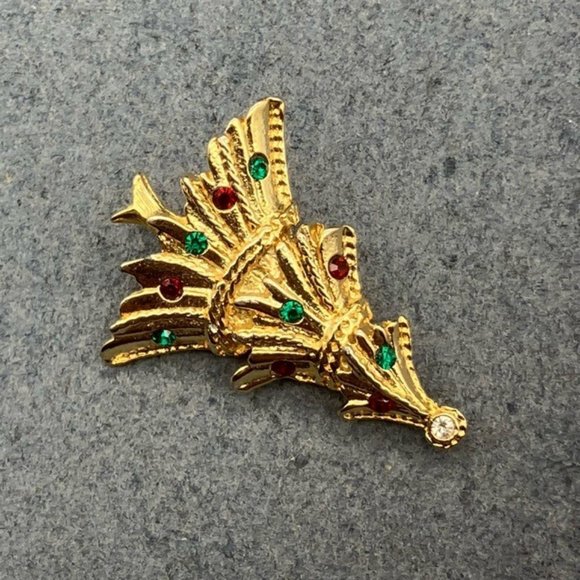 Christmas Pin Brooch Tree Gold Detailed Rhinestone Topper Green Red Ornaments - Picture 3 of 8